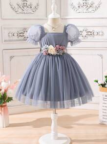 SHEIN Glamorique Kids 女小童泡泡袖網紗覆蓋連衣裙 - 灰色 - 查看 1