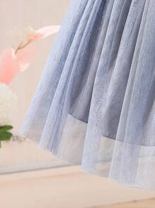 SHEIN Glamorique Kids 女小童泡泡袖網紗覆蓋連衣裙 - 灰色 - 查看 4