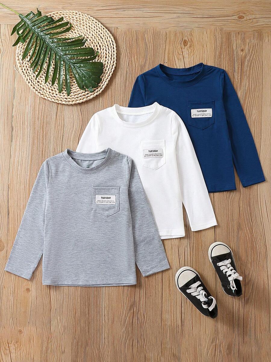 SHEIN Young Boy 3pcs Letter Patched Pocket Front Tee - Multicolor - View 1