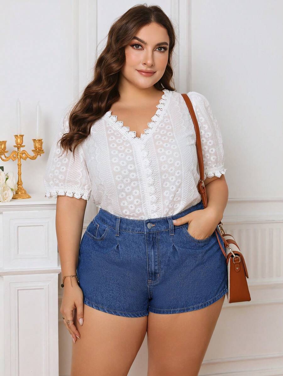 SHEIN Frenchy Plus Solid Button Front Denim Shorts - Medium Wash - View 1