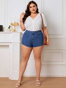 SHEIN Frenchy Plus Solid Button Front Denim Shorts - Medium Wash - View 5