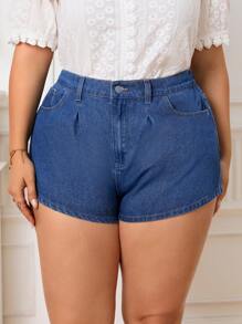 SHEIN Frenchy Plus Solid Button Front Denim Shorts - Medium Wash - View 6