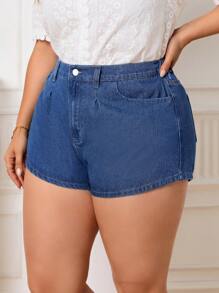 SHEIN Frenchy Plus Solid Button Front Denim Shorts - Medium Wash - View 7
