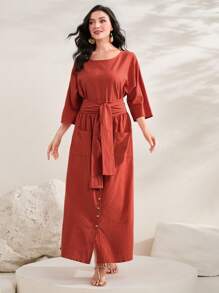 Mulvari 蝙蝠袖腰帶襯衫&前紐扣半身裙 - 鏽棕色 - 查看 3