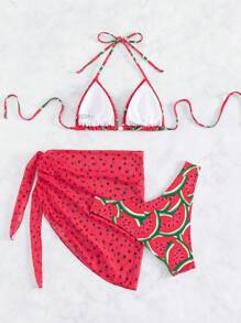 Swim Vcay Summer Beach Watermelon Print Halter Triangle Bikini Set With Beach Skirt - Multicolor - View 7