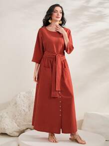 Mulvari 蝙蝠袖腰帶襯衫&前紐扣半身裙 - 鏽棕色 - 查看 4