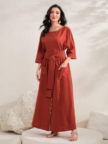 Mulvari 蝙蝠袖腰帶襯衫&前紐扣半身裙 - 鏽棕色 - 查看 6