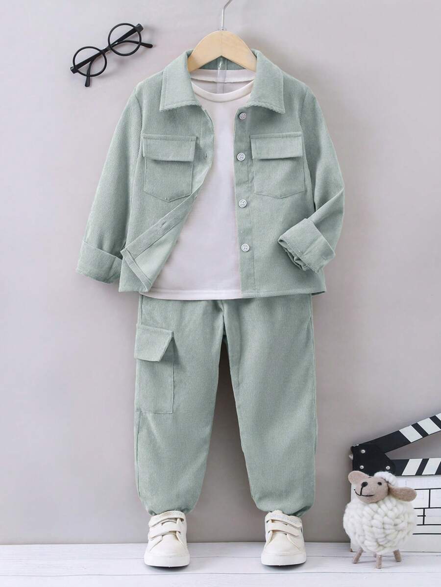 SHEIN Young Boy Flap Pocket Shirt & Pants Without Tee Green Baby Boys Sets Chic Outfits For Autumn/Winter - Mint Green - View 1