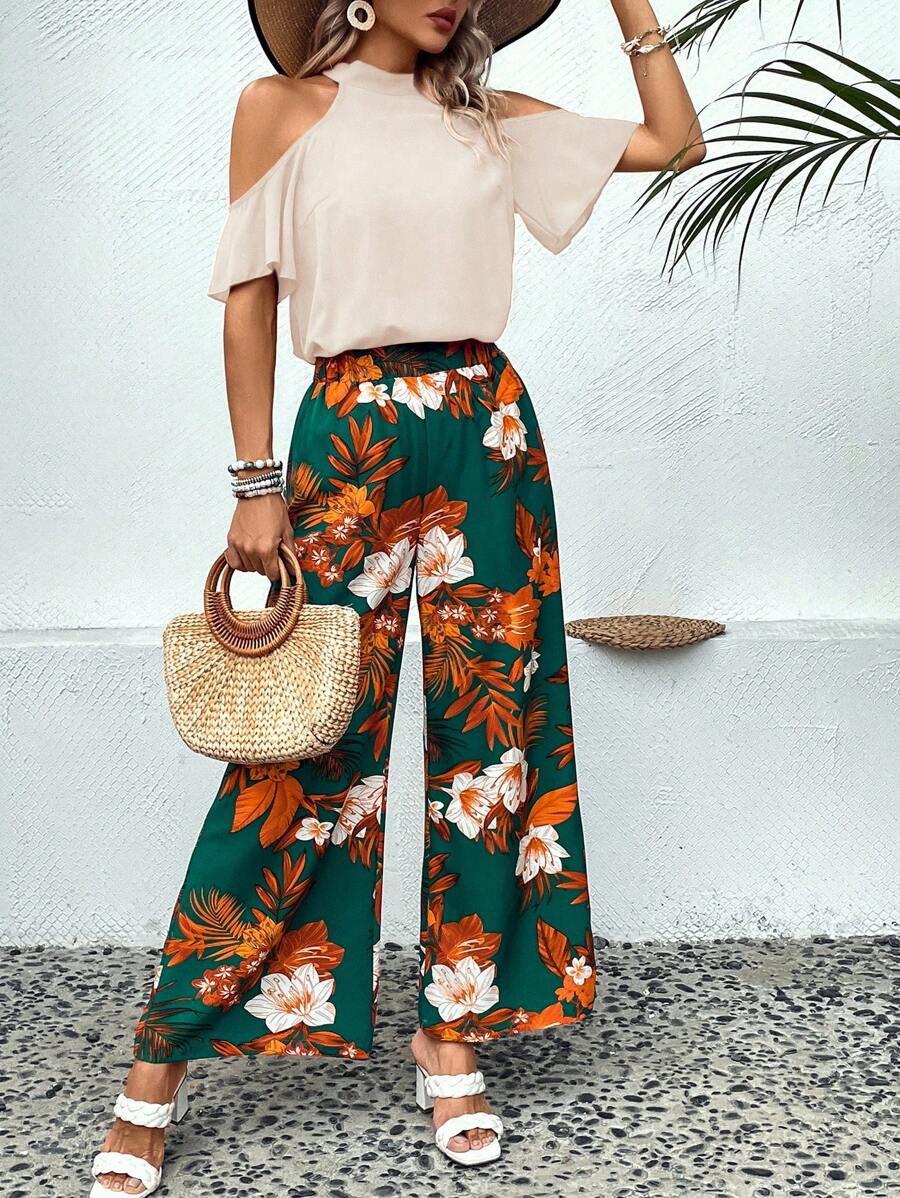 SHEIN VCAY 挖肩上衣和印花闊腿褲 - 米色 - 查看 1