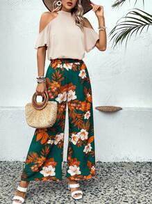 SHEIN VCAY 挖肩上衣和印花闊腿褲 - 米色 - 查看 5