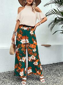 SHEIN VCAY 挖肩上衣和印花闊腿褲 - 米色 - 查看 7