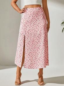 SHEIN EZwear Ditsy Floral Print Split Thigh Skirt - Pink - View 1
