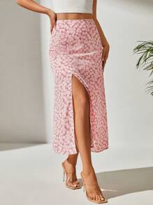 SHEIN EZwear Ditsy Floral Print Split Thigh Skirt - Pink - View 4