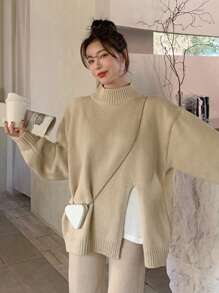 DAZY 纯色立领落肩开衩下摆毛衣、长袖上衣、秋季女装 - 卡其色 - 查看 1
