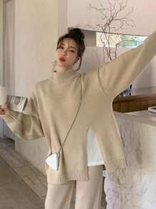 DAZY 纯色立领落肩开衩下摆毛衣、长袖上衣、秋季女装 - 卡其色 - 查看 3