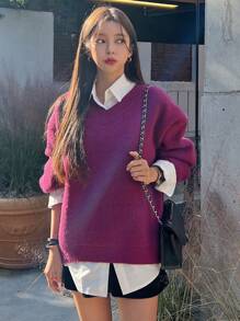 DAZY Solid Drop Shoulder Oversized Sweater Without Blouse,Long Sleeve Tops,Fall Clothes