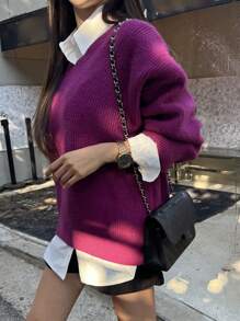DAZY Solid Drop Shoulder Oversized Sweater Without Blouse,Long Sleeve Tops,Fall Clothes