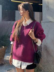 DAZY Solid Drop Shoulder Oversized Sweater Without Blouse,Long Sleeve Tops,Fall Clothes