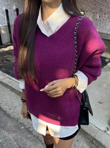 DAZY Solid Drop Shoulder Oversized Sweater Without Blouse,Long Sleeve Tops,Fall Clothes