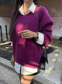 DAZY Solid Drop Shoulder Oversized Sweater Without Blouse,Long Sleeve Tops,Fall Clothes
