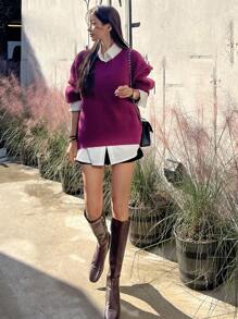 DAZY Solid Drop Shoulder Oversized Sweater Without Blouse,Long Sleeve Tops,Fall Clothes