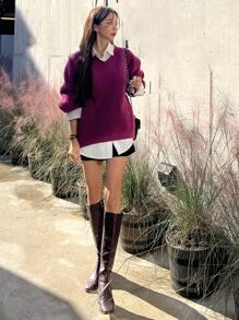 DAZY Solid Drop Shoulder Oversized Sweater Without Blouse,Long Sleeve Tops,Fall Clothes