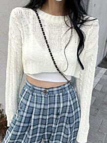 DAZY 纯色落肩短款毛衣（不含吊带背心） - 米色 - 查看 1