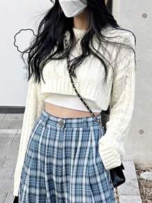 DAZY 纯色落肩短款毛衣（不含吊带背心） - 米色 - 查看 6