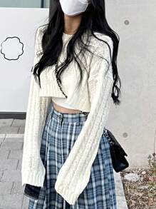 DAZY 纯色落肩短款毛衣（不含吊带背心） - 米色 - 查看 8