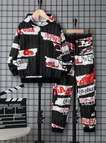 SHEIN 男大童字母圖案連帽衫和運動褲 - 黑與白 - 查看 1