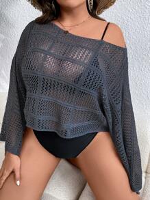 SHEIN Swim Curve 大碼鏤空蝙蝠袖罩衫上衣不附比基尼 - 灰色 - 查看 5