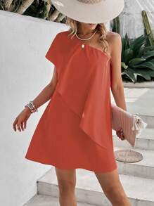 SHEIN Frenchy 單肩蝙蝠袖連衣裙 - 珊瑚橙 - 查看 1