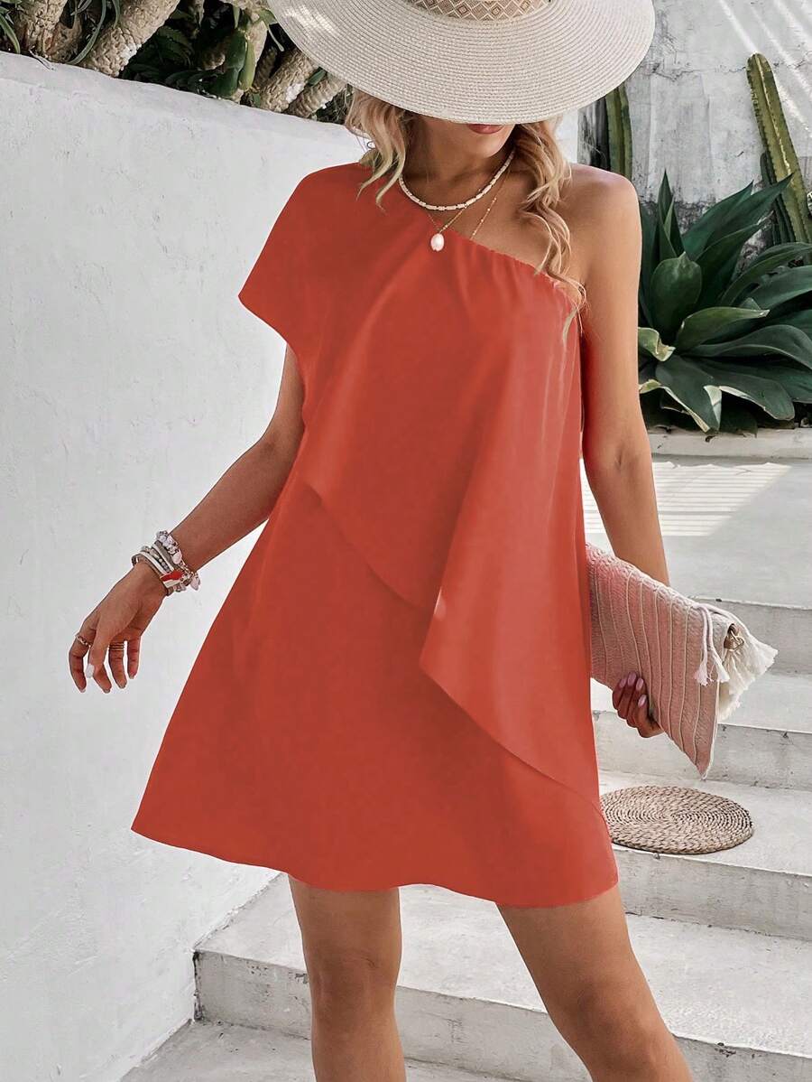 SHEIN Frenchy 單肩蝙蝠袖連衣裙 - 珊瑚橙 - 查看 1