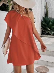 SHEIN Frenchy 單肩蝙蝠袖連衣裙 - 珊瑚橙 - 查看 4