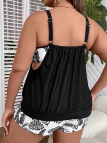 Swim Lushoire 大码热带印花比基尼夏日海滩 - 黑與白 - 查看 2