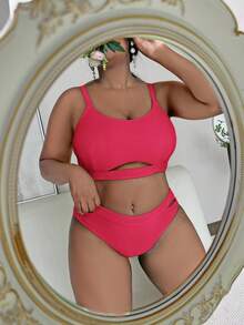 SHEIN Swim Curve Plus Size Cut Out Bikini Set Bãi biển mùa hè - Màu Hồng Tươi - Xem 5