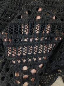 SHEIN Swim 鏤空貝殼邊前繫帶和服罩衫 - 黑色 - 查看 7