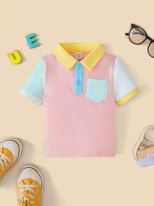 SHEIN 時尚男童有領 Polo 衫,英倫風,拼色設計,口袋拼布 - 彩色 - 查看 1