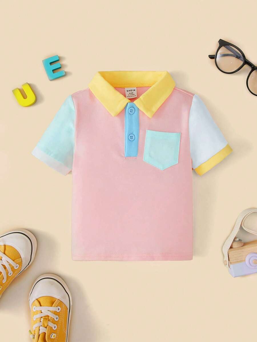 SHEIN 時尚男童有領 Polo 衫,英倫風,拼色設計,口袋拼布 - 彩色 - 查看 1