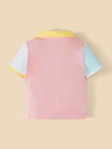 SHEIN 時尚男童有領 Polo 衫,英倫風,拼色設計,口袋拼布 - 彩色 - 查看 2