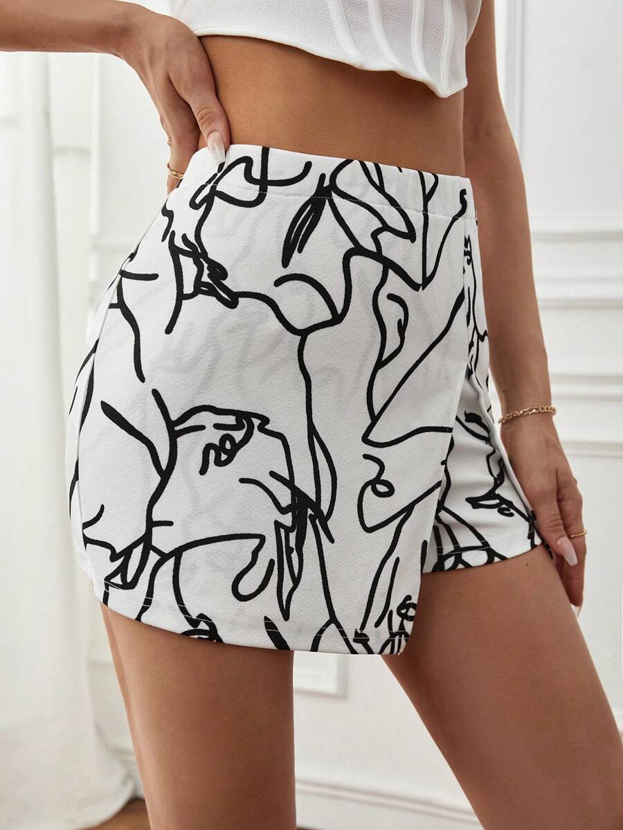 SHEIN Privé Abstract Figure Graphic Split Hem Skort - Black and White - View 1