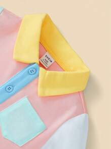 SHEIN 時尚男童有領 Polo 衫,英倫風,拼色設計,口袋拼布 - 彩色 - 查看 4