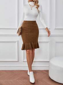 SHEIN Privé Solid Ruffle Hem Knit Skirt - Coffee Brown - View 3