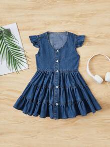 SHEIN 女小童荷葉邊前紐扣荷葉邊牛仔洋裝 - 深色水洗藍 - 查看 1
