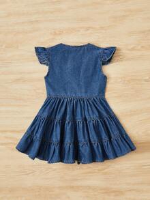 SHEIN 女小童荷葉邊前紐扣荷葉邊牛仔洋裝 - 深色水洗藍 - 查看 2