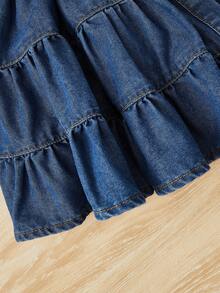 SHEIN 女小童荷葉邊前紐扣荷葉邊牛仔洋裝 - 深色水洗藍 - 查看 4
