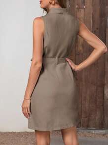 SHEINBlues 翻蓋細節腰帶襯衫牛仔洋裝 - 咖啡棕 - 查看 2