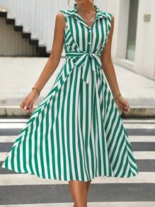 SHEIN Clasi Striped Print Belted Shirt Dress - Green - View 3
