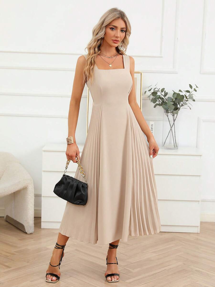 Firerie Chất rắn Viền xếp Váy Dây - Màu Khaki - Xem 1