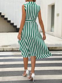 SHEIN Clasi Striped Print Belted Shirt Dress - Green - View 5